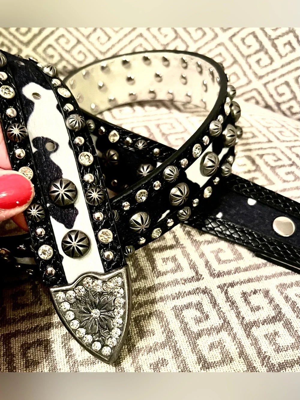 NEW Haute Hippie Black and White Studded Leather Belt with Crystal Buckle.